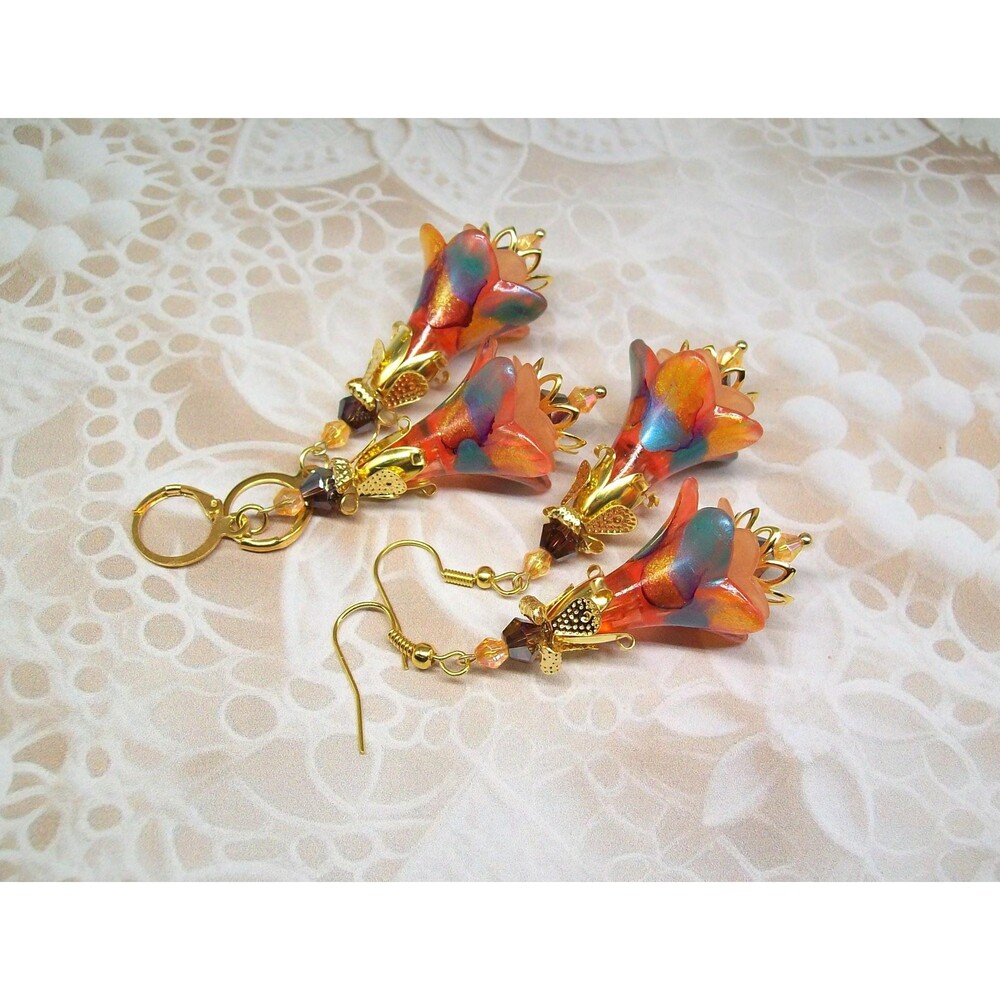 Boho Floral Drop Earrings, Flowers, Hand Painted, Orange, Gold, Artisan Crafted